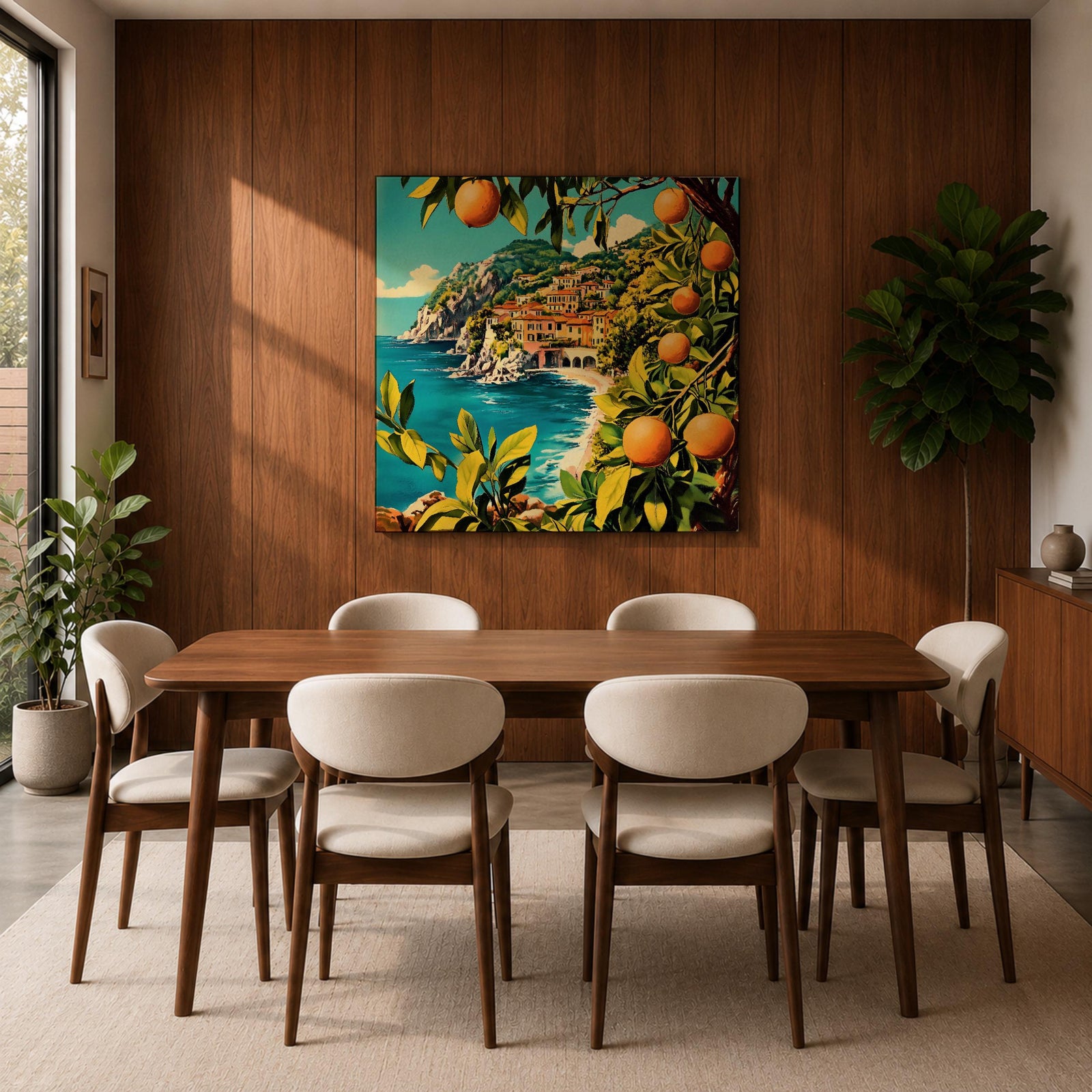 Mediterranean Orange Grove Wall Art Coastal Citrus Framed Canvas Seaside Landscape Living Room Decor