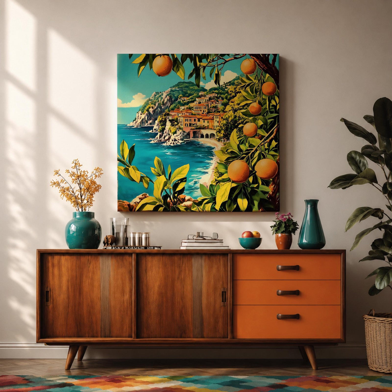 Mediterranean Orange Grove Wall Art Coastal Citrus Framed Canvas Seaside Landscape Living Room Decor