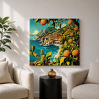 Mediterranean Orange Grove Wall Art Coastal Citrus Framed Canvas Seaside Landscape Living Room Decor