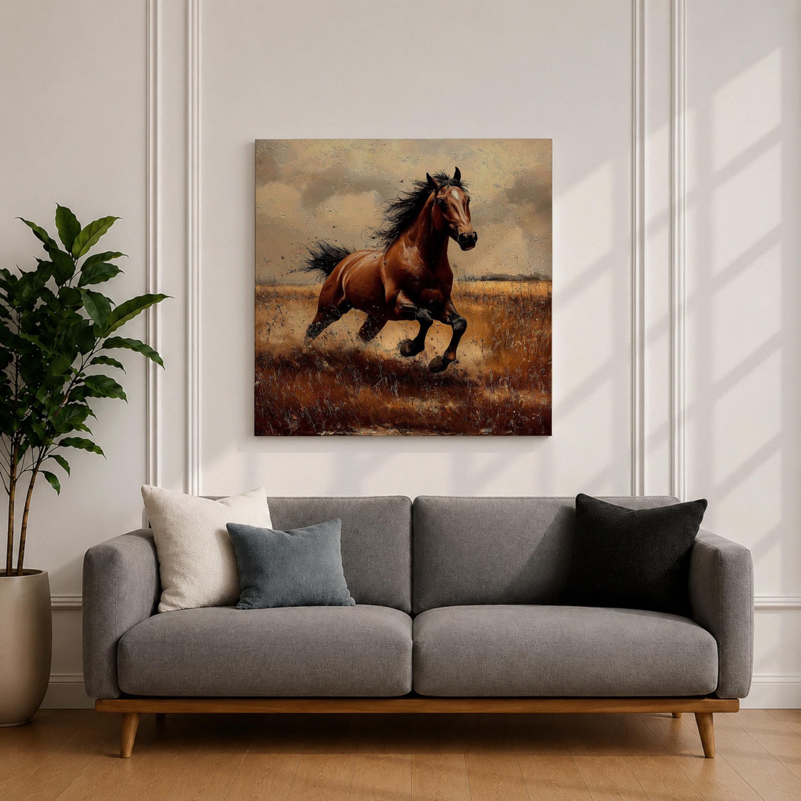 Running Horse Wall Art Galloping Stallion Framed Canvas Western Rustic Ranch Home Decor