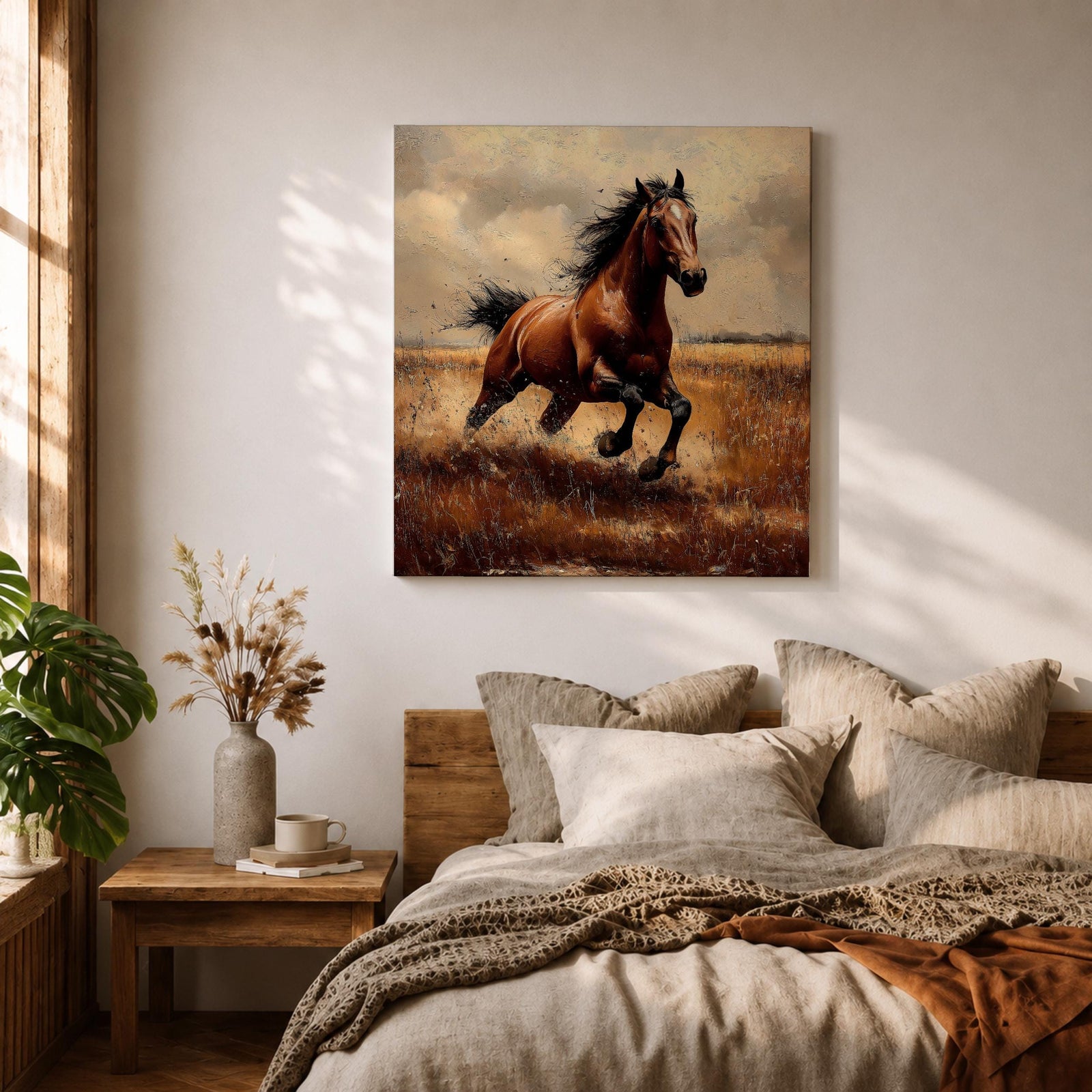 Running Horse Wall Art Galloping Stallion Framed Canvas Western Rustic Ranch Home Decor