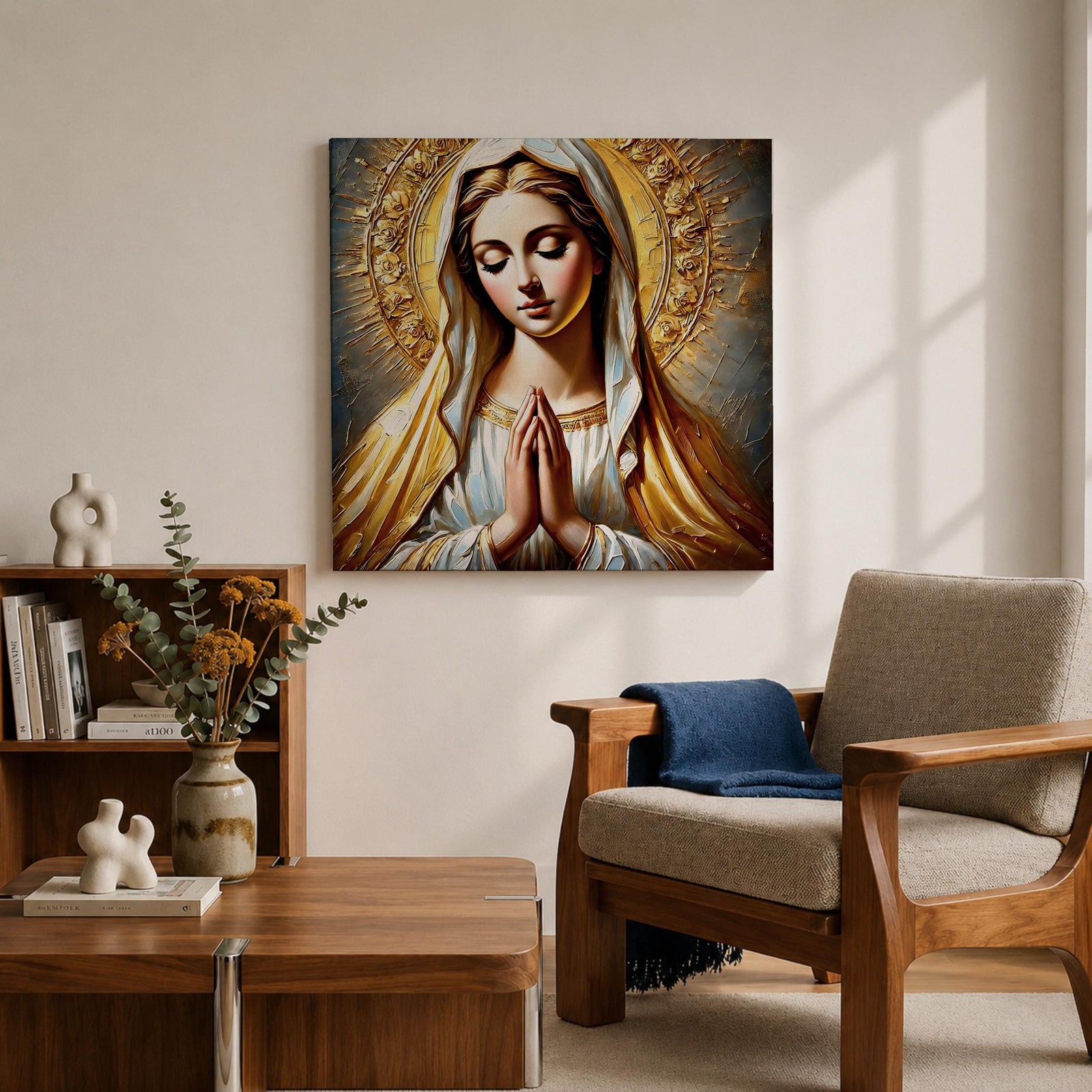 Virgin Mary Wall Art Blessed Mother Framed Canvas Catholic Prayer Sacred Home Decor