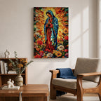Colorful devotional painting of Our Lady of Guadalupe standing in prayer with hands folded, wearing a blue mantle and surrounded by a radiant golden halo and vibrant flowers in a rich Mexican Catholic devotional style.