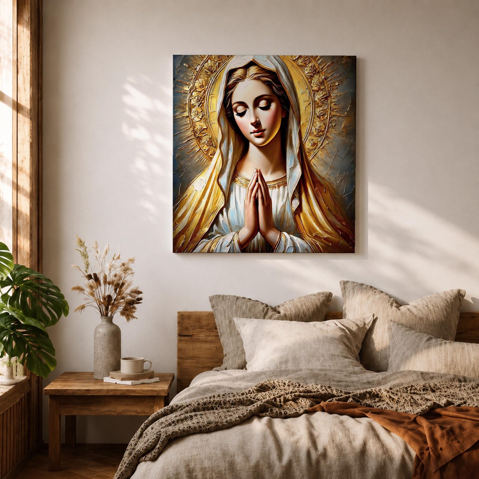 Virgin Mary Wall Art Blessed Mother Framed Canvas Catholic Prayer Sacred Home Decor