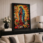 Colorful devotional painting of Our Lady of Guadalupe standing in prayer with hands folded, wearing a blue mantle and surrounded by a radiant golden halo and vibrant flowers in a rich Mexican Catholic devotional style.