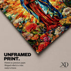 Colorful devotional painting of Our Lady of Guadalupe standing in prayer with hands folded, wearing a blue mantle and surrounded by a radiant golden halo and vibrant flowers in a rich Mexican Catholic devotional style.
