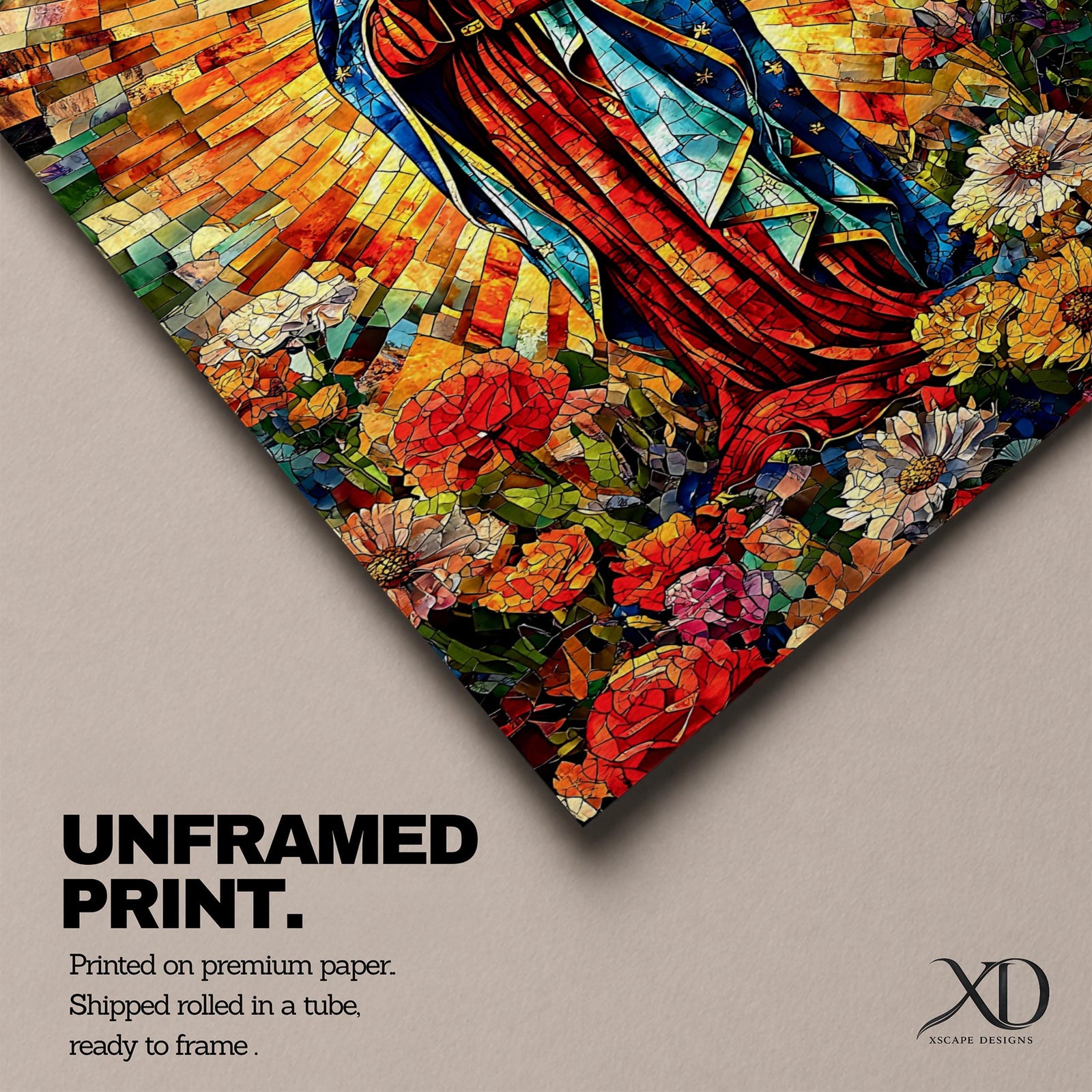 Colorful devotional painting of Our Lady of Guadalupe standing in prayer with hands folded, wearing a blue mantle and surrounded by a radiant golden halo and vibrant flowers in a rich Mexican Catholic devotional style.