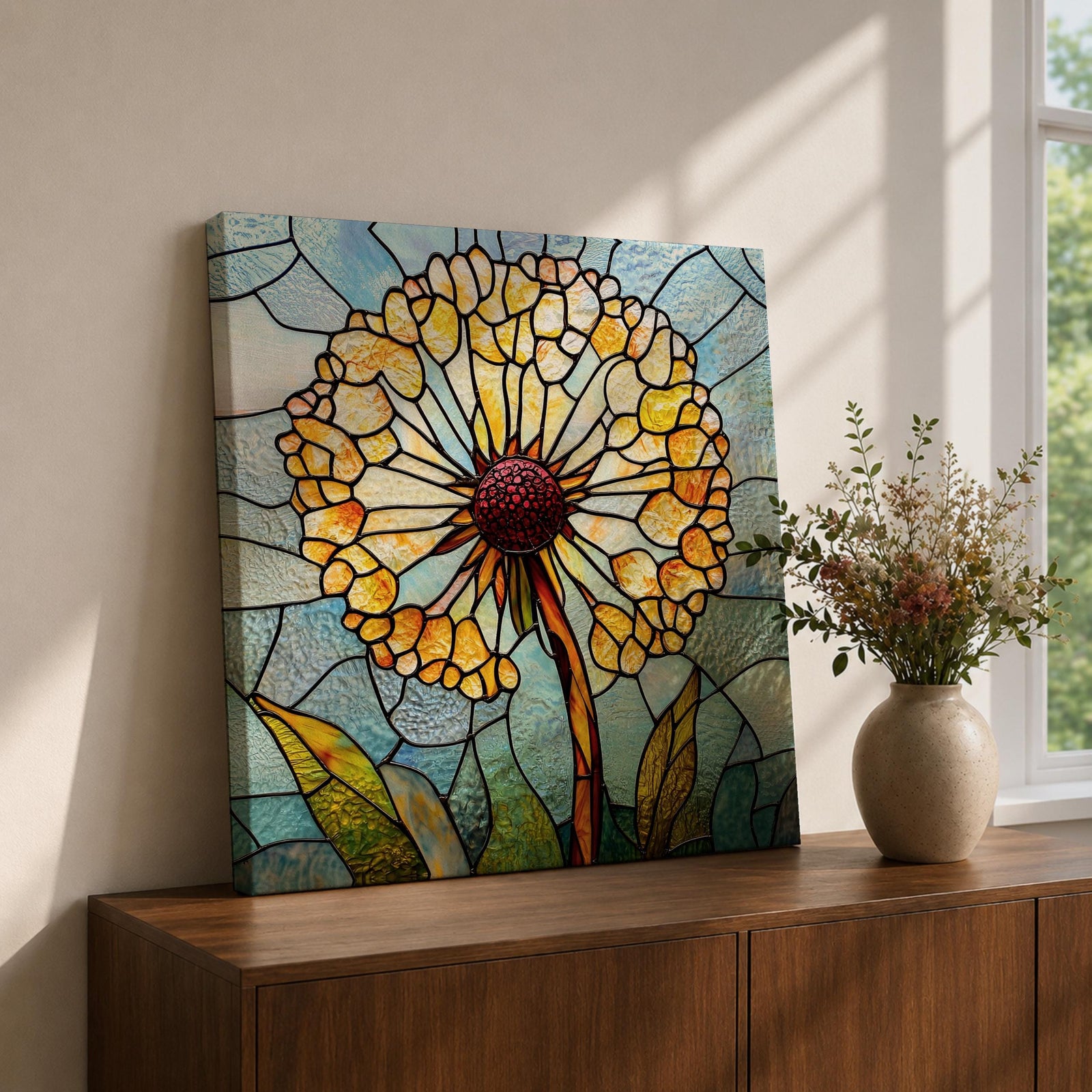 Dandelion Wall Art Stained Glass Flower Framed Canvas Botanical Nature Home Decor