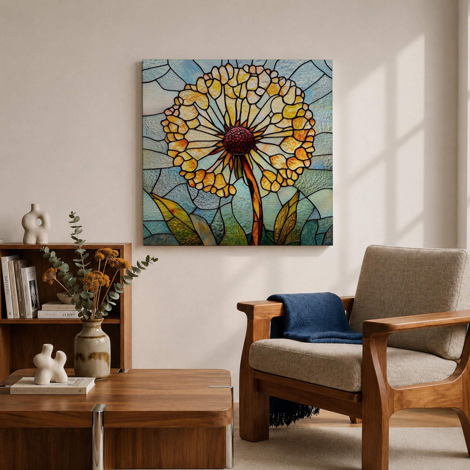 Dandelion Wall Art Stained Glass Flower Framed Canvas Botanical Nature Home Decor