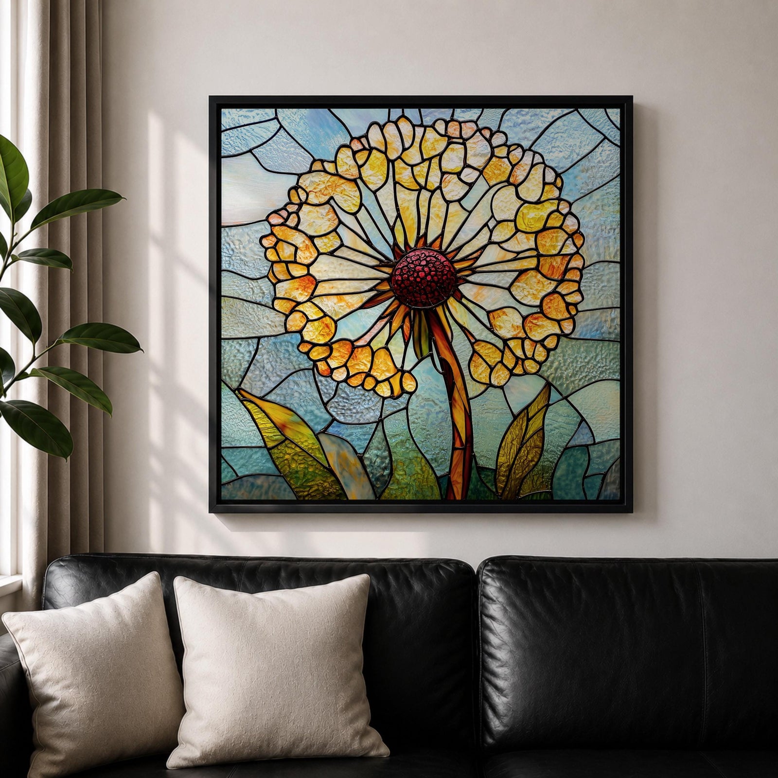 Dandelion Wall Art Stained Glass Flower Framed Canvas Botanical Nature Home Decor