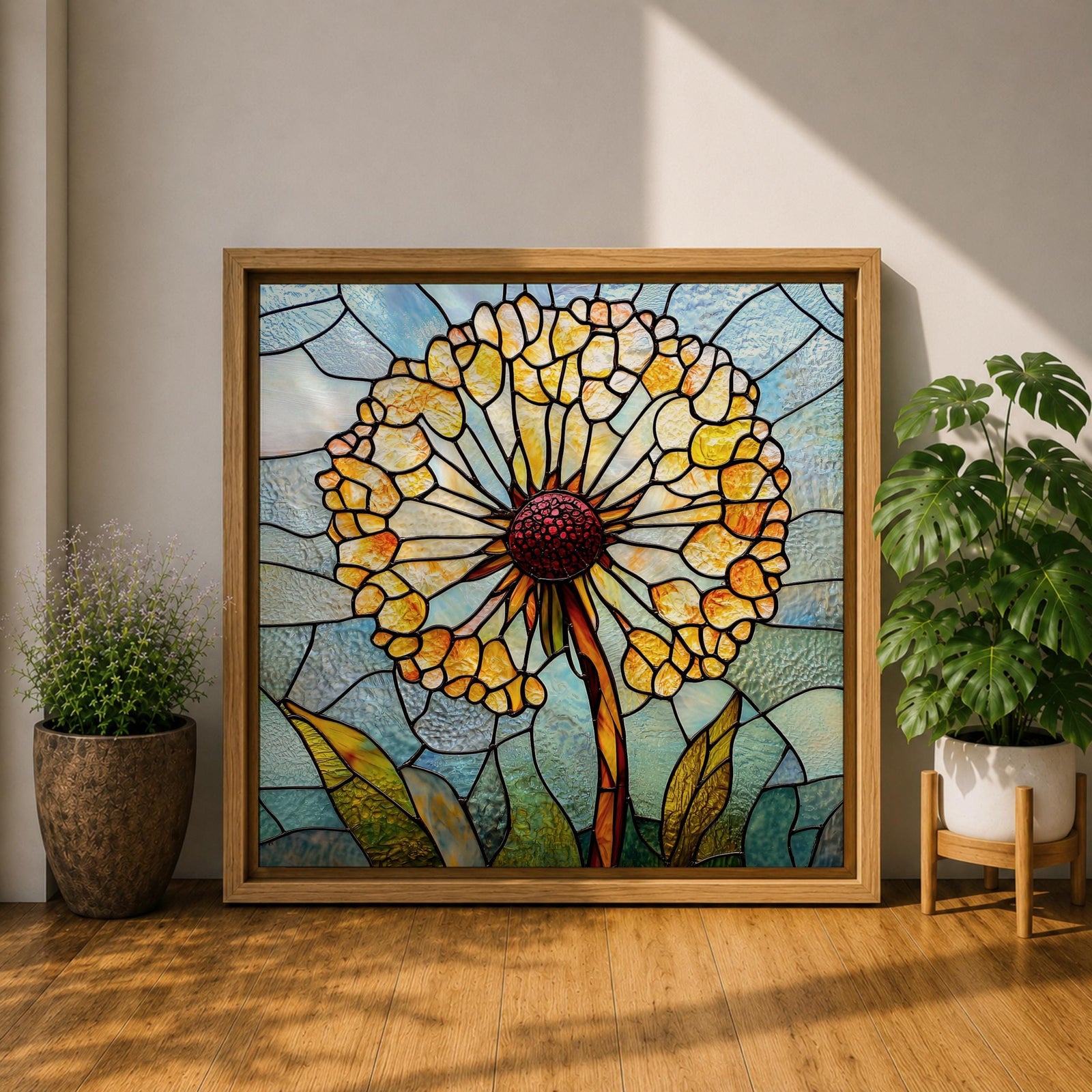 Dandelion Wall Art Stained Glass Flower Framed Canvas Botanical Nature Home Decor