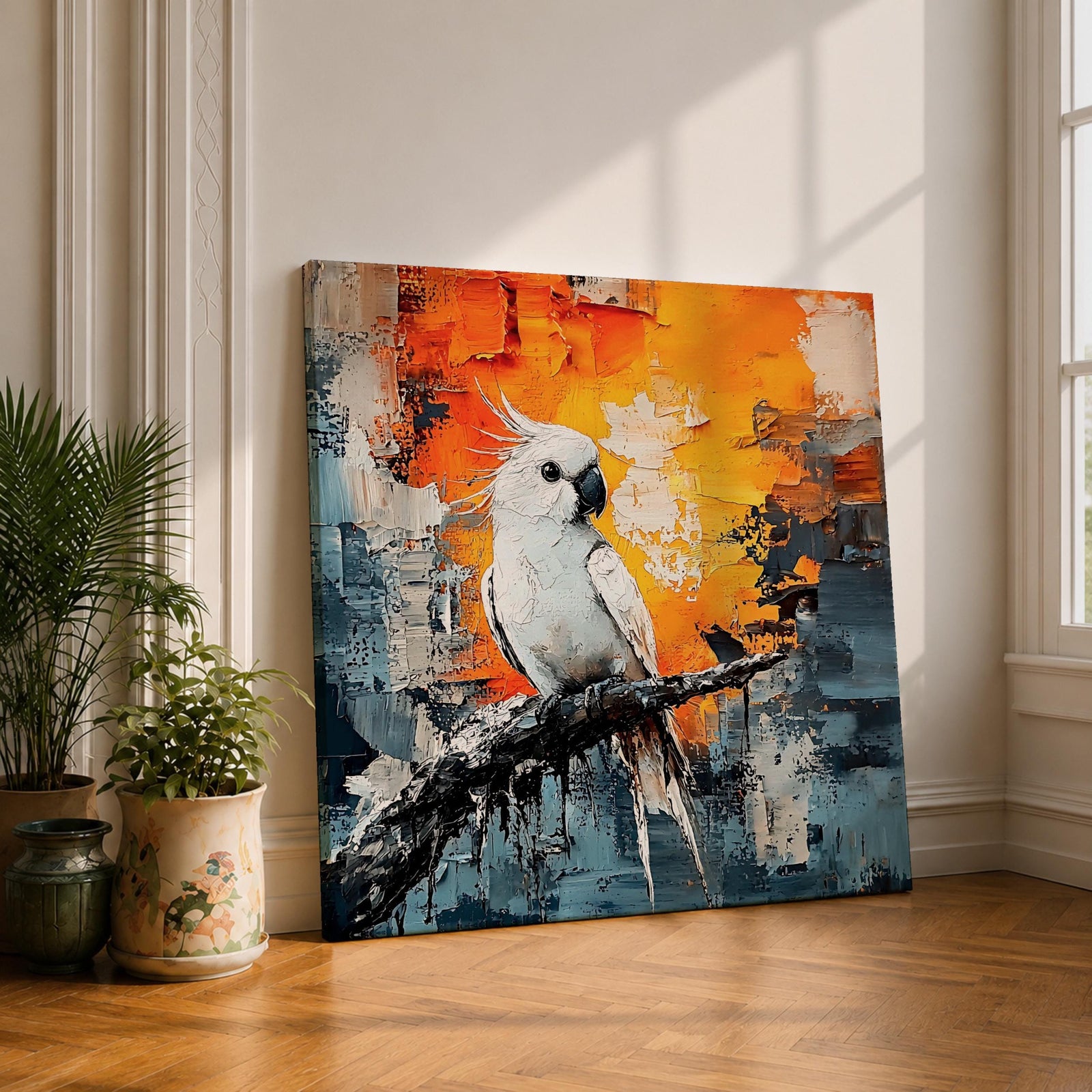 Cockatoo Wall Art Parrot Framed Canvas Tropical Exotic Bird Impasto Boho Home Decor