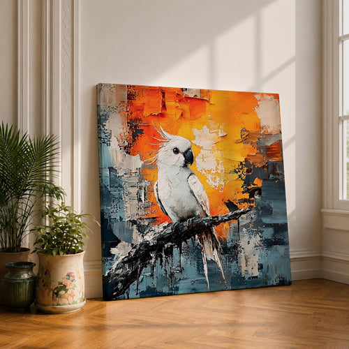 Cockatoo Wall Art Parrot Framed Canvas Tropical Exotic Bird Impasto Boho Home Decor