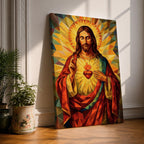 Geometric stained glass style artwork of Jesus Christ with the Sacred Heart glowing on his chest while he raises one hand in blessing, surrounded by radiant golden rays and angular mosaic patterns in warm red and gold tones.