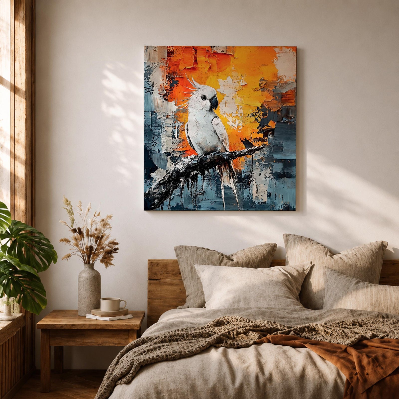 Cockatoo Wall Art Parrot Framed Canvas Tropical Exotic Bird Impasto Boho Home Decor