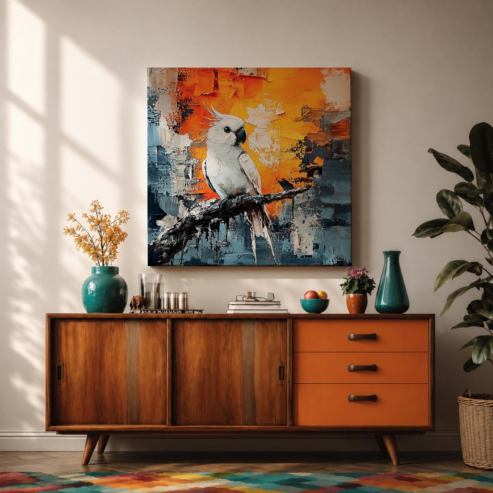 Cockatoo Wall Art Parrot Framed Canvas Tropical Exotic Bird Impasto Boho Home Decor