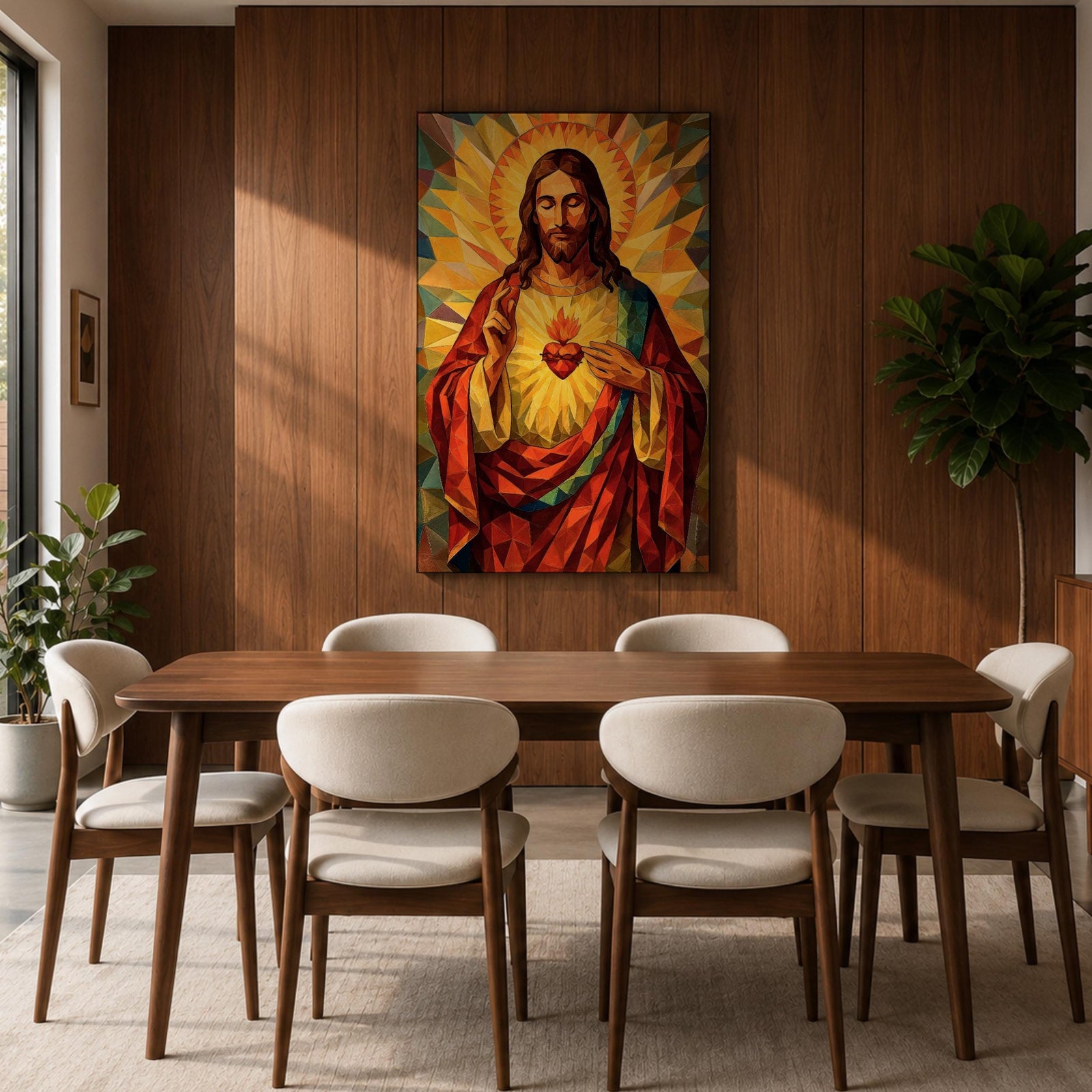 Geometric stained glass style artwork of Jesus Christ with the Sacred Heart glowing on his chest while he raises one hand in blessing, surrounded by radiant golden rays and angular mosaic patterns in warm red and gold tones.