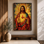 Geometric stained glass style artwork of Jesus Christ with the Sacred Heart glowing on his chest while he raises one hand in blessing, surrounded by radiant golden rays and angular mosaic patterns in warm red and gold tones.