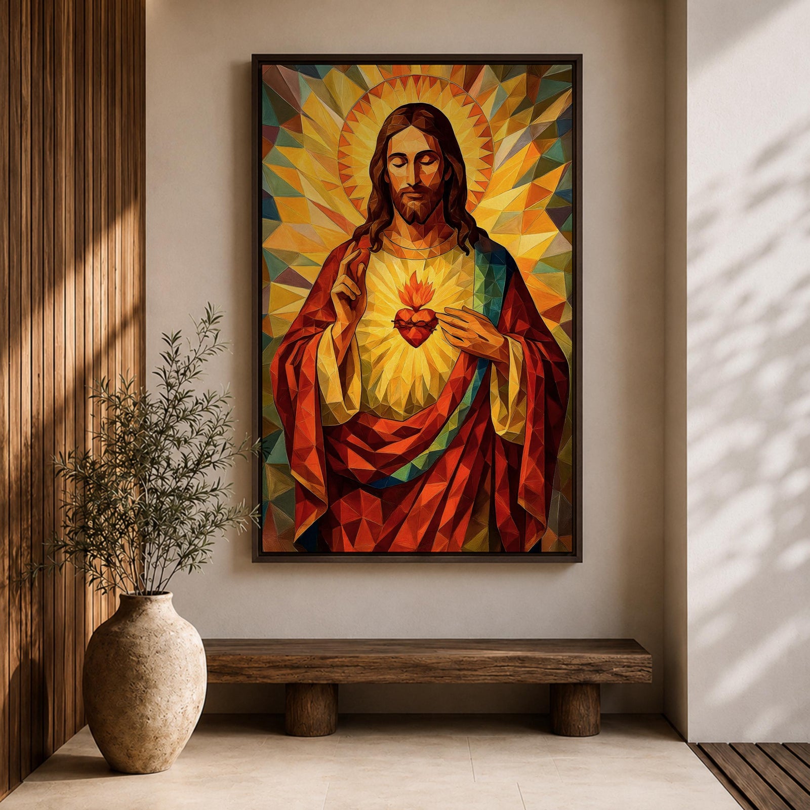 Geometric stained glass style artwork of Jesus Christ with the Sacred Heart glowing on his chest while he raises one hand in blessing, surrounded by radiant golden rays and angular mosaic patterns in warm red and gold tones.