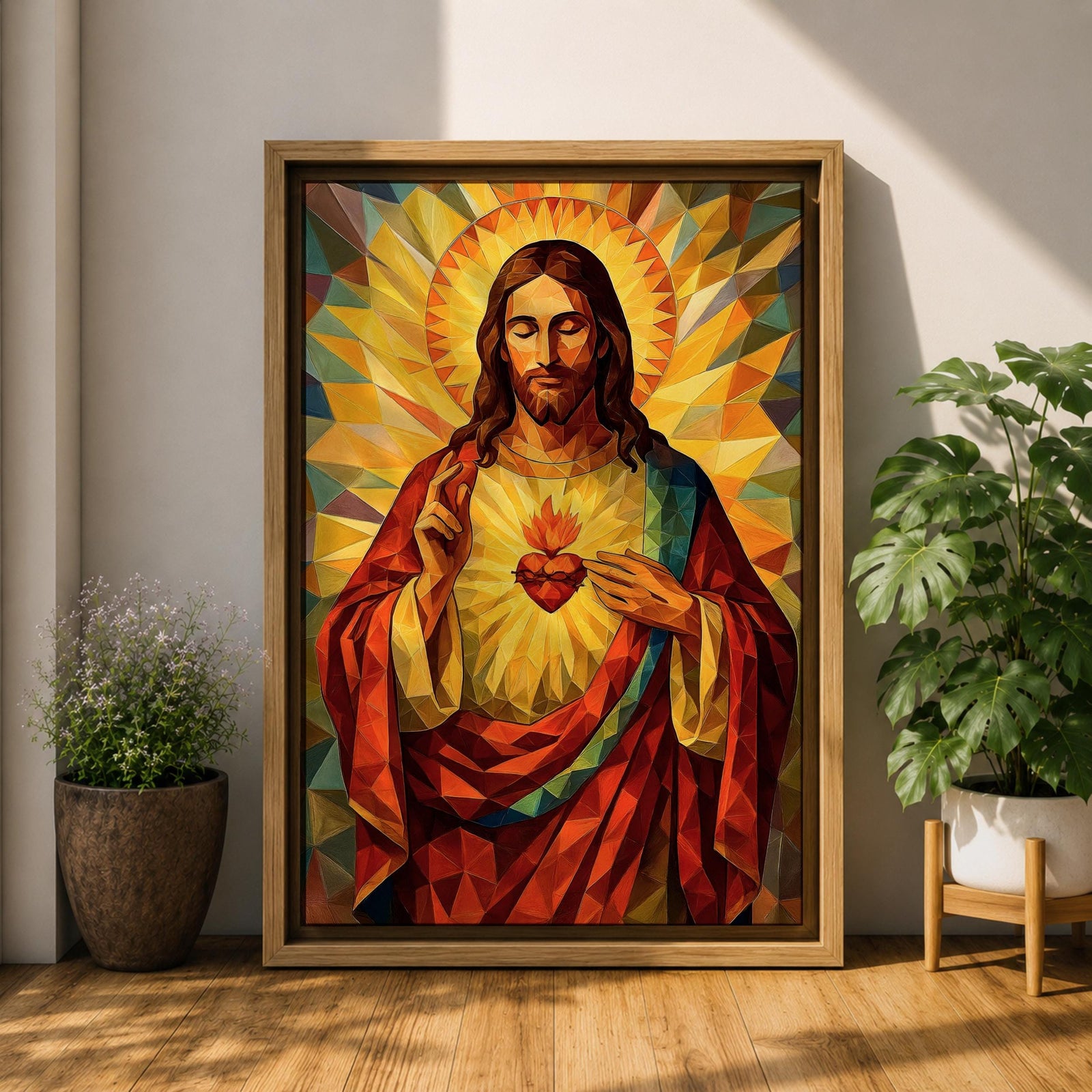 Geometric stained glass style artwork of Jesus Christ with the Sacred Heart glowing on his chest while he raises one hand in blessing, surrounded by radiant golden rays and angular mosaic patterns in warm red and gold tones.