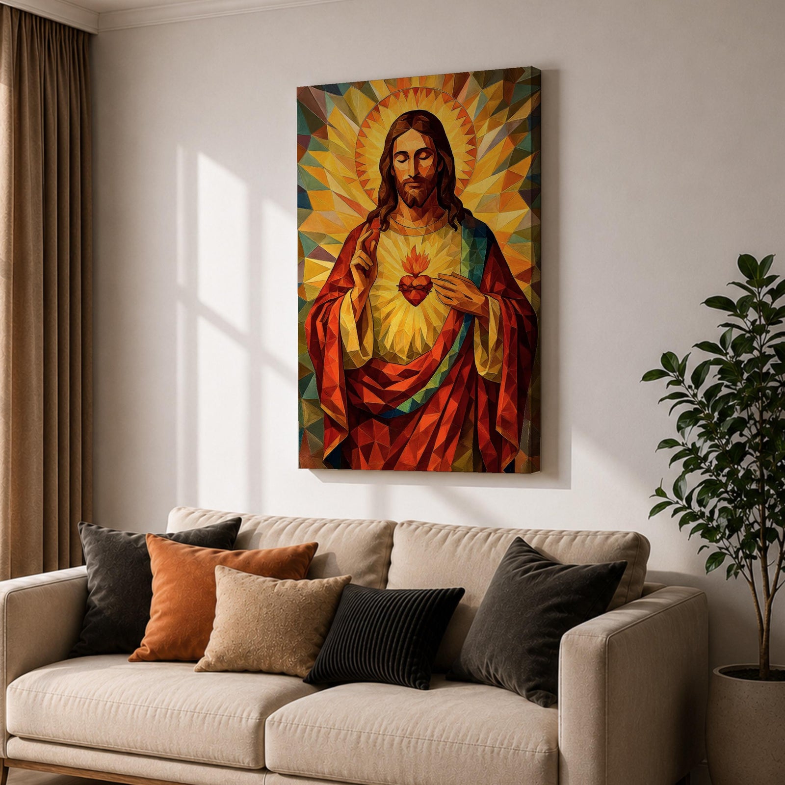 Geometric stained glass style artwork of Jesus Christ with the Sacred Heart glowing on his chest while he raises one hand in blessing, surrounded by radiant golden rays and angular mosaic patterns in warm red and gold tones.