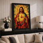 Geometric stained glass style artwork of Jesus Christ with the Sacred Heart glowing on his chest while he raises one hand in blessing, surrounded by radiant golden rays and angular mosaic patterns in warm red and gold tones.