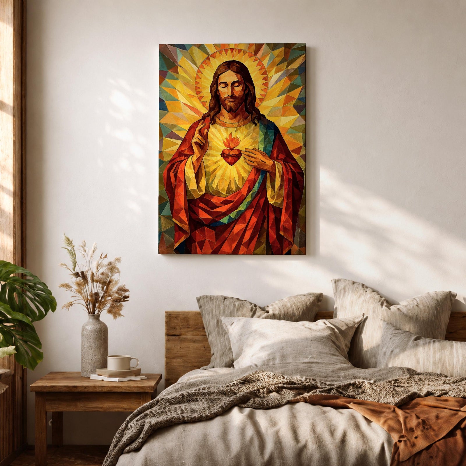 Geometric stained glass style artwork of Jesus Christ with the Sacred Heart glowing on his chest while he raises one hand in blessing, surrounded by radiant golden rays and angular mosaic patterns in warm red and gold tones.