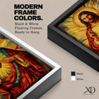 Geometric stained glass style artwork of Jesus Christ with the Sacred Heart glowing on his chest while he raises one hand in blessing, surrounded by radiant golden rays and angular mosaic patterns in warm red and gold tones.