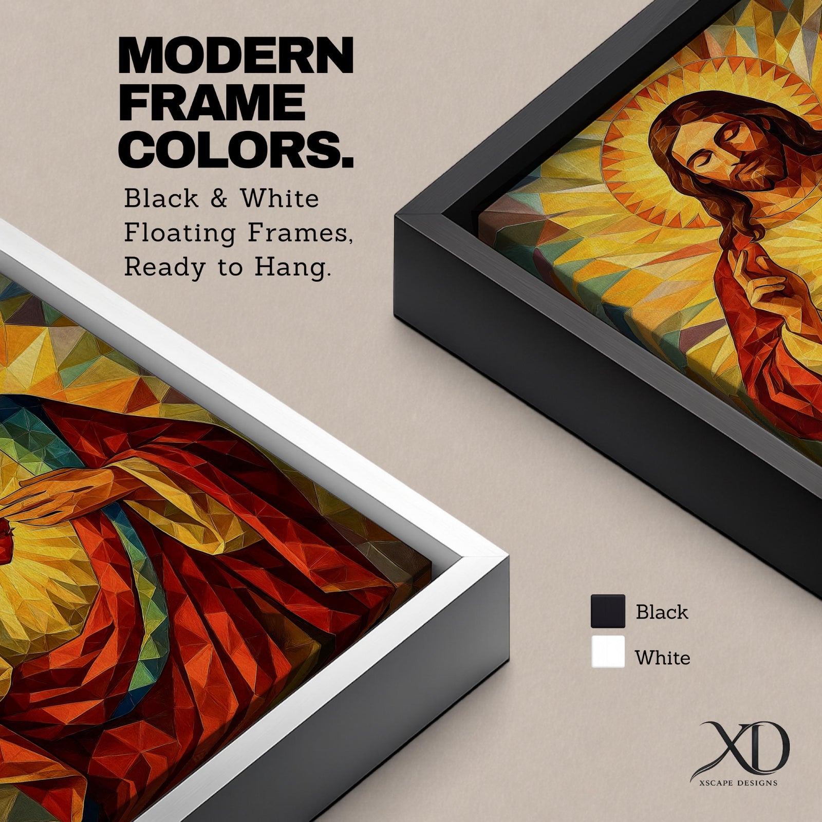 Geometric stained glass style artwork of Jesus Christ with the Sacred Heart glowing on his chest while he raises one hand in blessing, surrounded by radiant golden rays and angular mosaic patterns in warm red and gold tones.