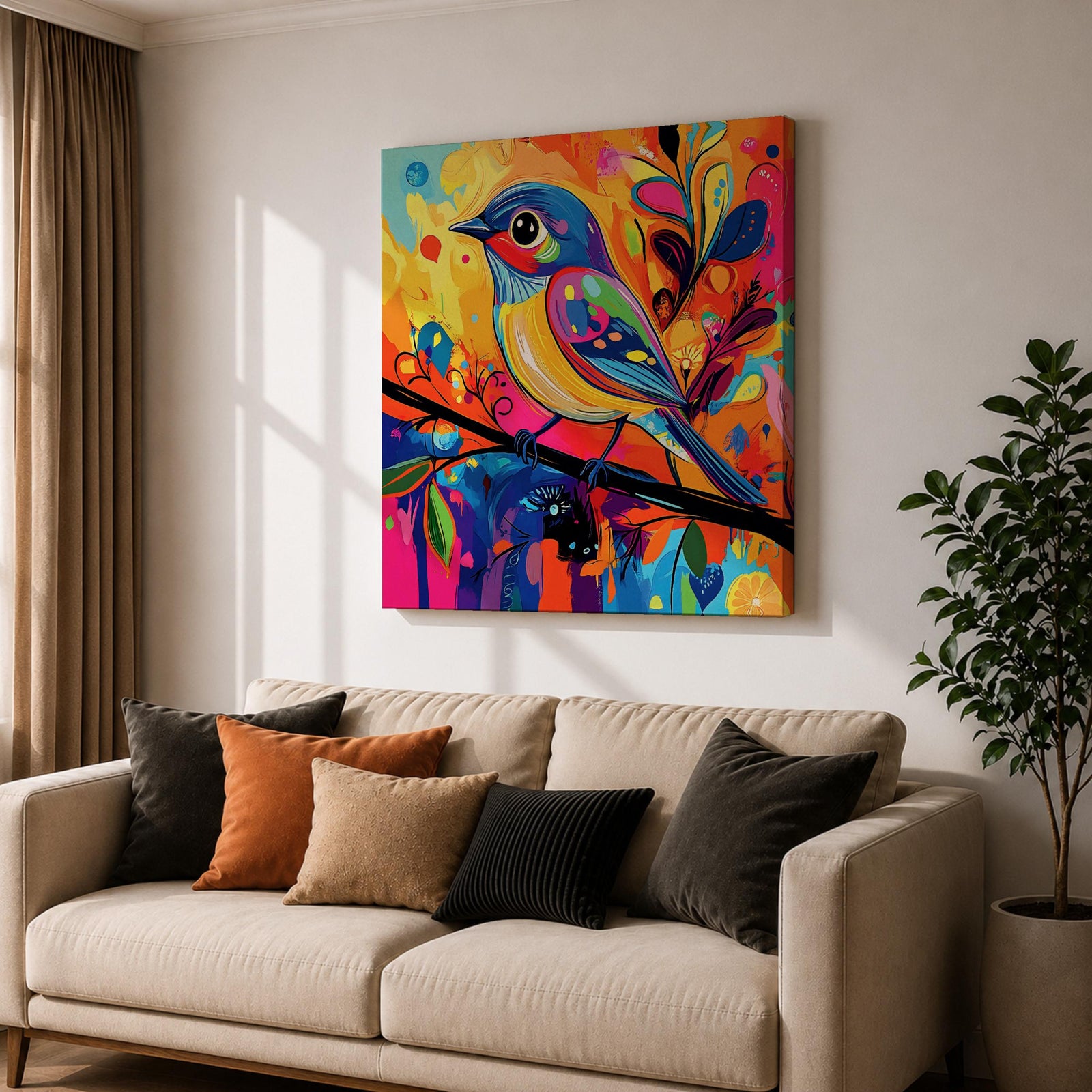Songbird Wall Art Warbler Framed Canvas Abstract Bird Wildlife Modern Home Decor