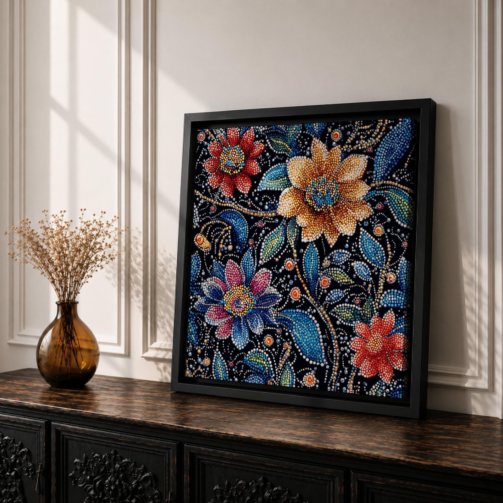 Floral Mosaic Wall Art Dot Art Flowers Framed Canvas Botanical Boho Home Decor