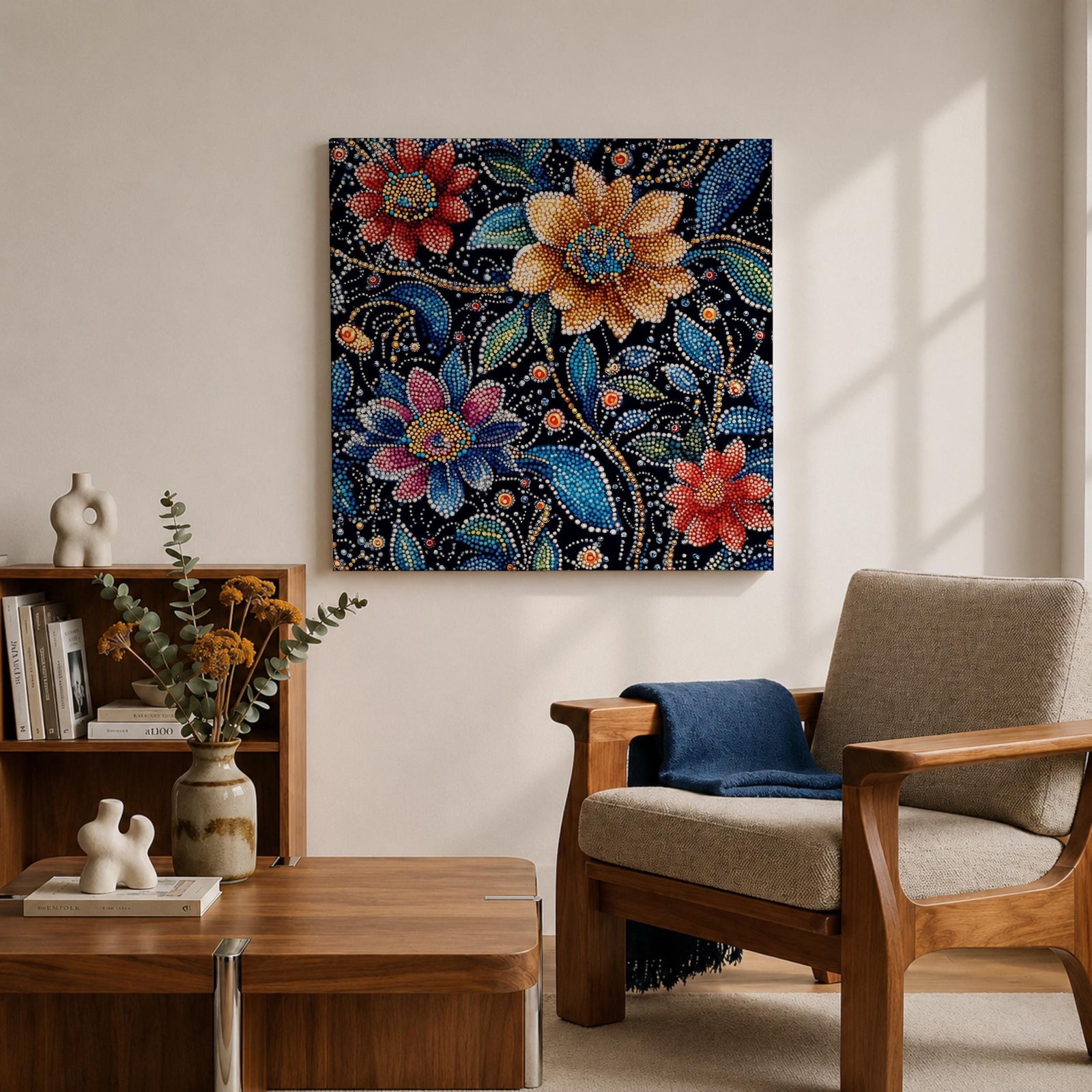 Floral Mosaic Wall Art Dot Art Flowers Framed Canvas Botanical Boho Home Decor