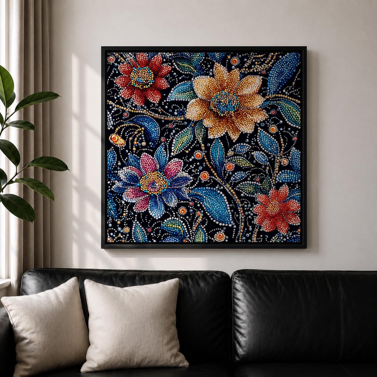 Floral Mosaic Wall Art Dot Art Flowers Framed Canvas Botanical Boho Home Decor