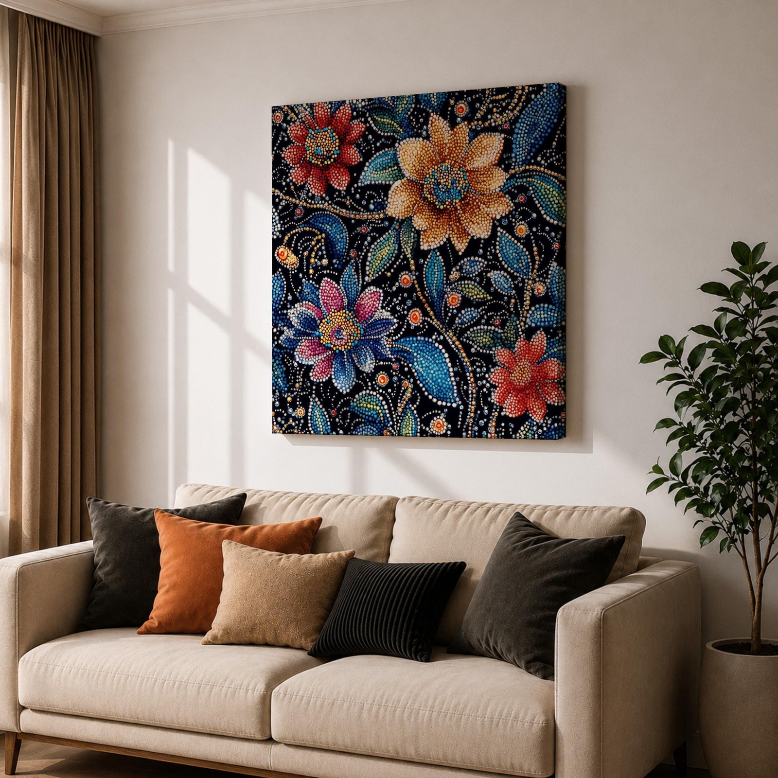 Floral Mosaic Wall Art Dot Art Flowers Framed Canvas Botanical Boho Home Decor