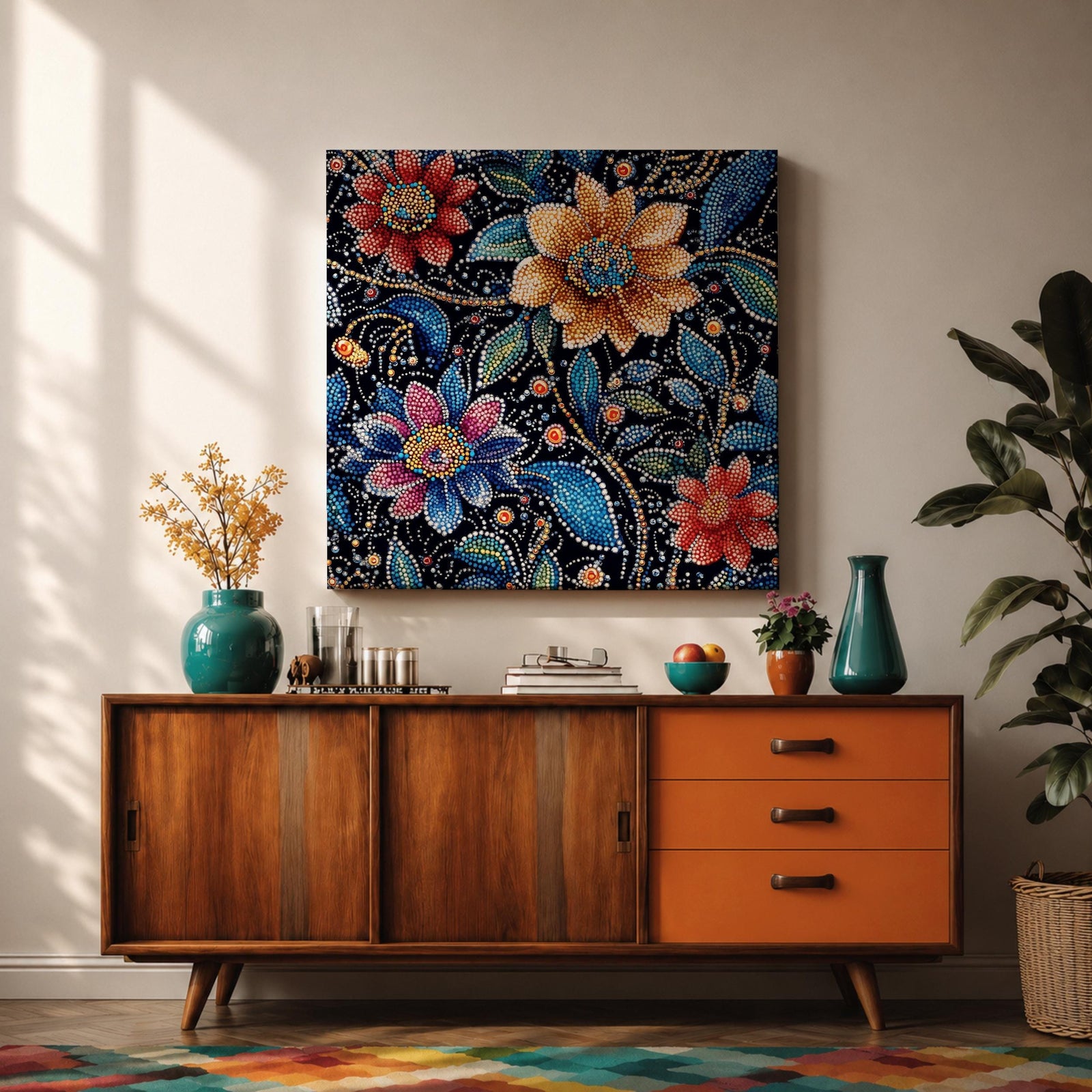 Floral Mosaic Wall Art Dot Art Flowers Framed Canvas Botanical Boho Home Decor