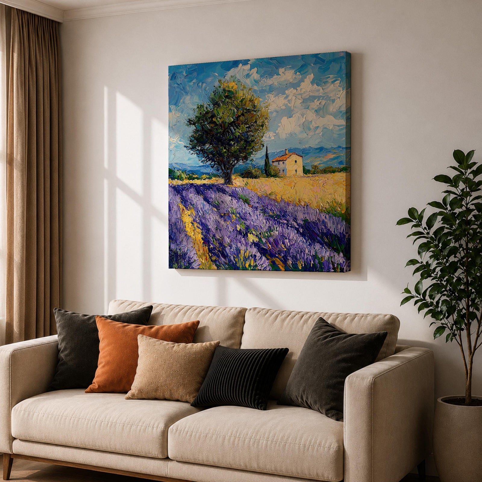 Lavender Field Wall Art Provence Landscape Framed Canvas Purple Impasto Rustic Home Decor