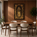 Elegant gold line artwork of Our Lady of Guadalupe standing in prayer surrounded by radiant rays and a decorative floral border, illustrated in glowing gold lines against a deep black background in a refined Mexican Catholic devotional style.