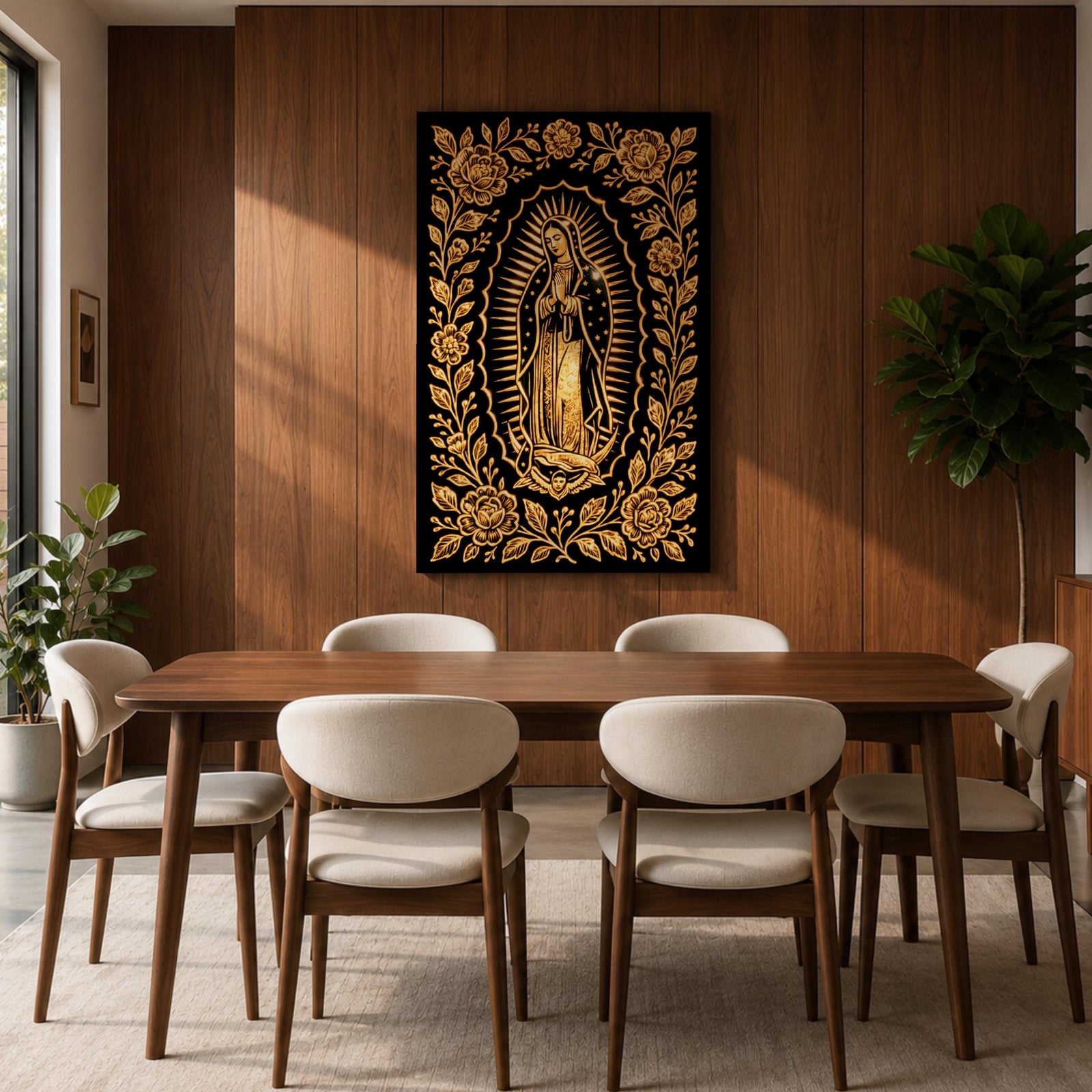 Elegant gold line artwork of Our Lady of Guadalupe standing in prayer surrounded by radiant rays and a decorative floral border, illustrated in glowing gold lines against a deep black background in a refined Mexican Catholic devotional style.