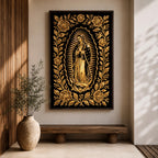 Elegant gold line artwork of Our Lady of Guadalupe standing in prayer surrounded by radiant rays and a decorative floral border, illustrated in glowing gold lines against a deep black background in a refined Mexican Catholic devotional style.