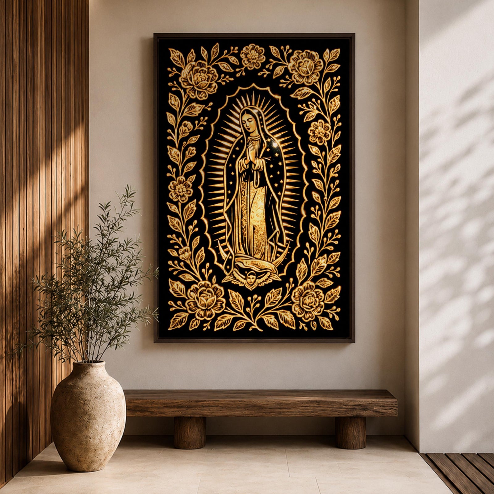 Elegant gold line artwork of Our Lady of Guadalupe standing in prayer surrounded by radiant rays and a decorative floral border, illustrated in glowing gold lines against a deep black background in a refined Mexican Catholic devotional style.