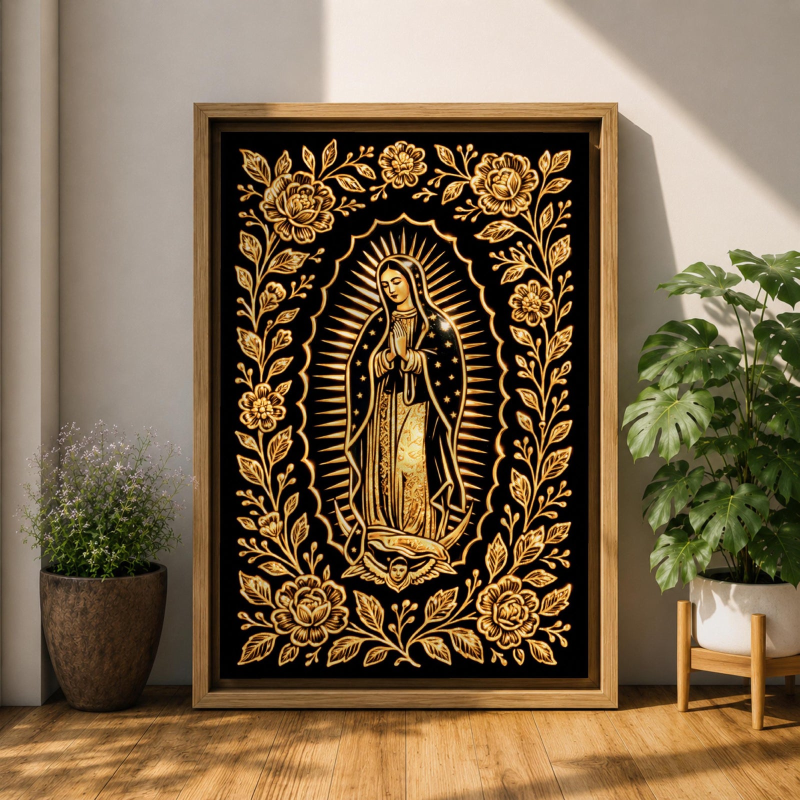 Elegant gold line artwork of Our Lady of Guadalupe standing in prayer surrounded by radiant rays and a decorative floral border, illustrated in glowing gold lines against a deep black background in a refined Mexican Catholic devotional style.