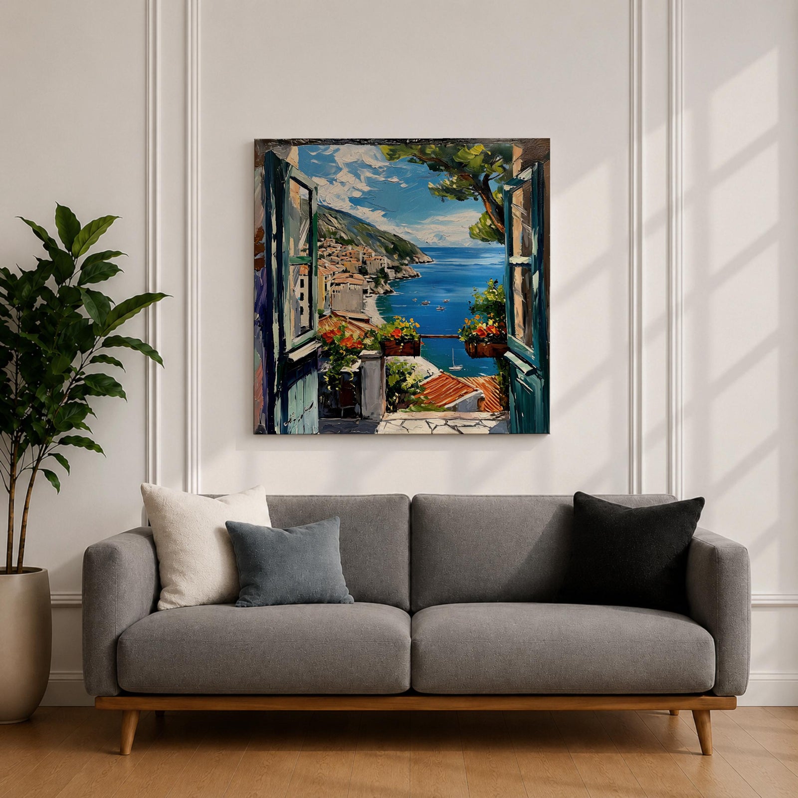 Mediterranean Window View Wall Art Coastal Seaside Framed Canvas Ocean Landscape Living Room Decor