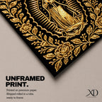 Elegant gold line artwork of Our Lady of Guadalupe standing in prayer surrounded by radiant rays and a decorative floral border, illustrated in glowing gold lines against a deep black background in a refined Mexican Catholic devotional style.
