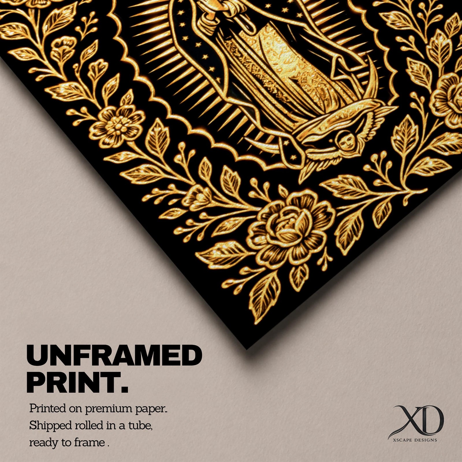 Elegant gold line artwork of Our Lady of Guadalupe standing in prayer surrounded by radiant rays and a decorative floral border, illustrated in glowing gold lines against a deep black background in a refined Mexican Catholic devotional style.
