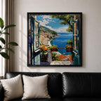 Mediterranean Window View Wall Art Coastal Seaside Framed Canvas Ocean Landscape Living Room Decor
