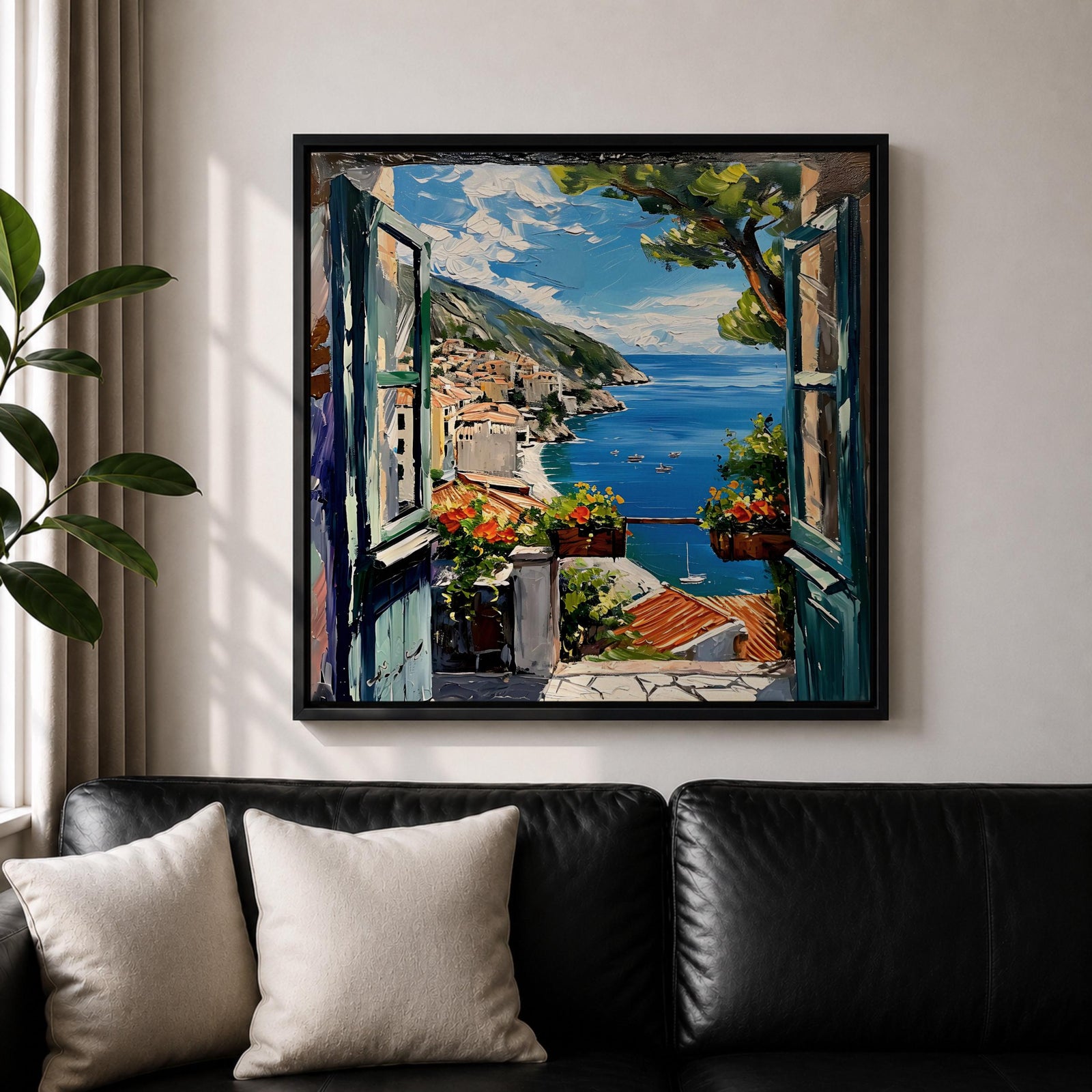 Mediterranean Window View Wall Art Coastal Seaside Framed Canvas Ocean Landscape Living Room Decor