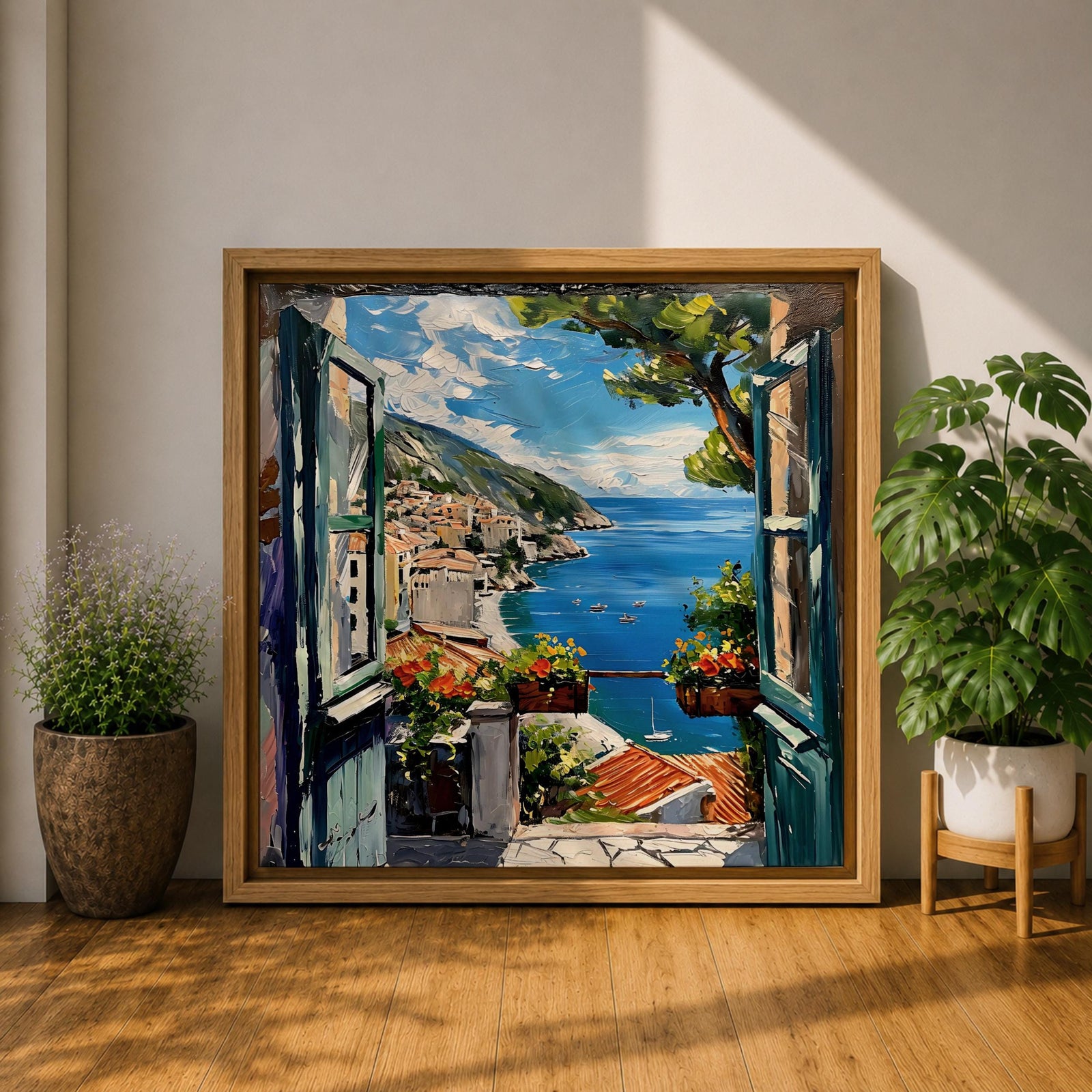 Mediterranean Window View Wall Art Coastal Seaside Framed Canvas Ocean Landscape Living Room Decor