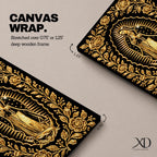 Elegant gold line artwork of Our Lady of Guadalupe standing in prayer surrounded by radiant rays and a decorative floral border, illustrated in glowing gold lines against a deep black background in a refined Mexican Catholic devotional style.