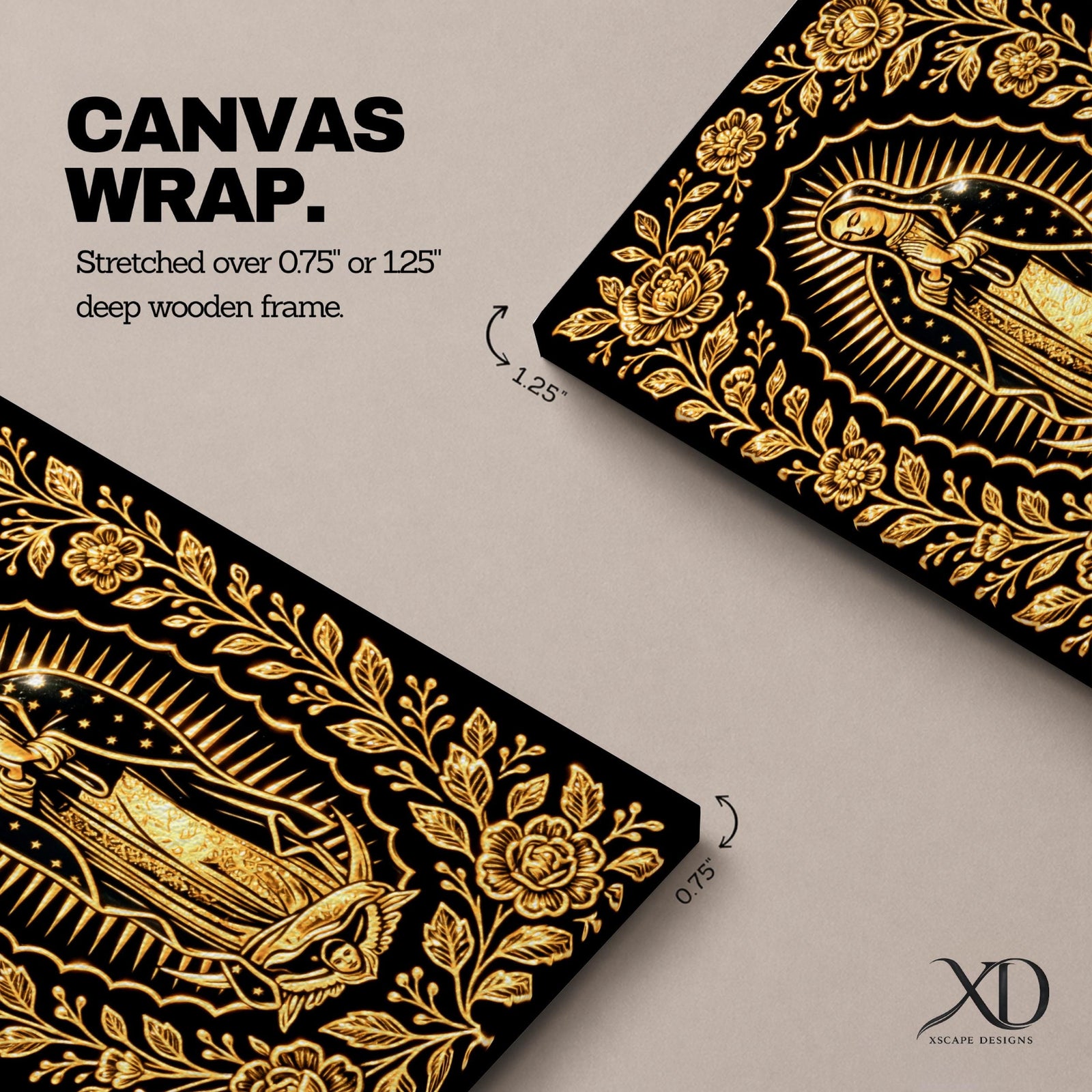 Elegant gold line artwork of Our Lady of Guadalupe standing in prayer surrounded by radiant rays and a decorative floral border, illustrated in glowing gold lines against a deep black background in a refined Mexican Catholic devotional style.