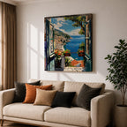 Mediterranean Window View Wall Art Coastal Seaside Framed Canvas Ocean Landscape Living Room Decor